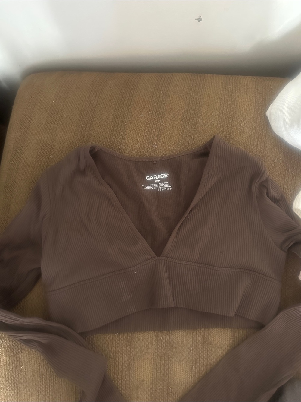 Garage Brown Ribbed V-Neck Long Sleeve Crop Top